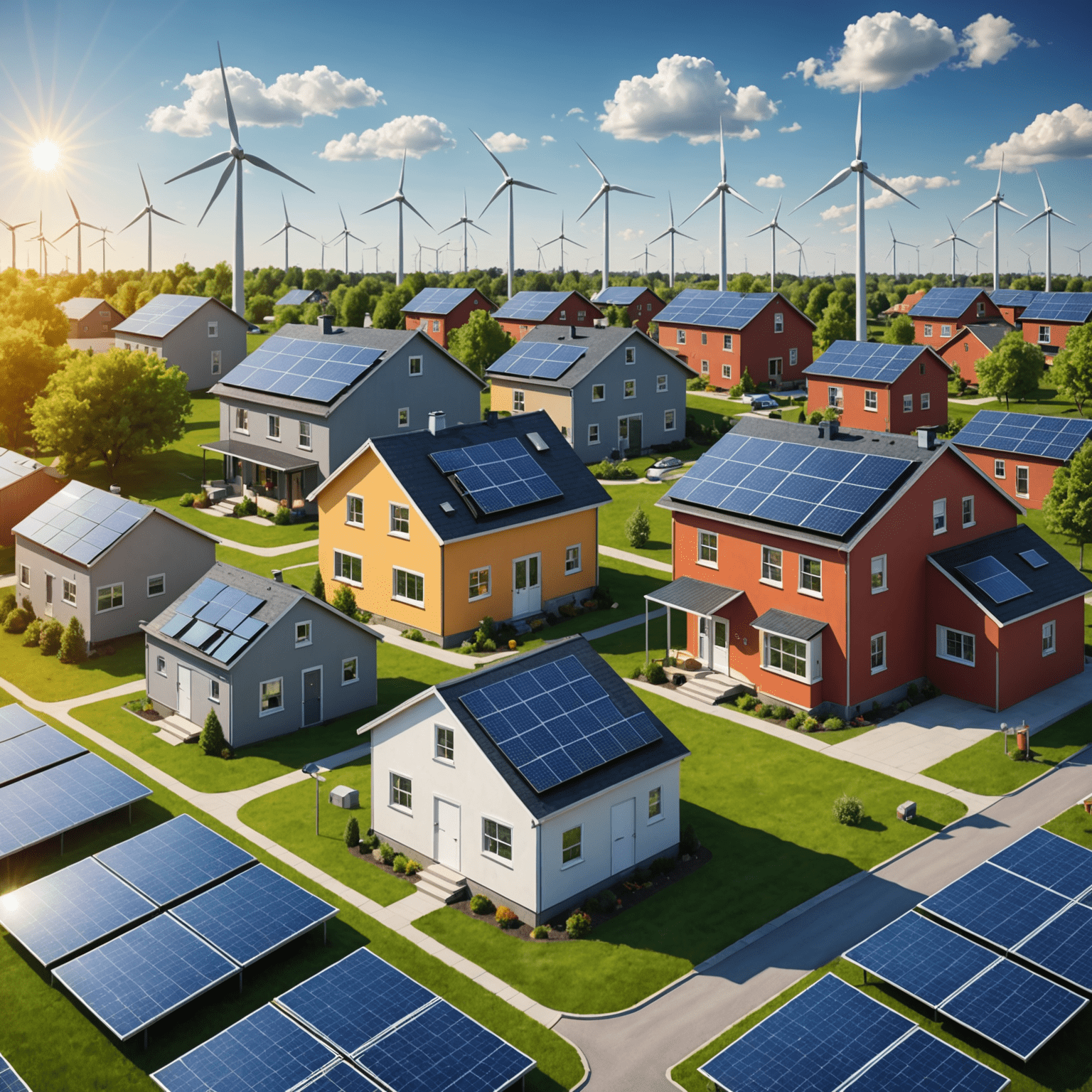 Illustration of a smart grid system with solar panels, wind turbines, and power lines connecting houses and buildings