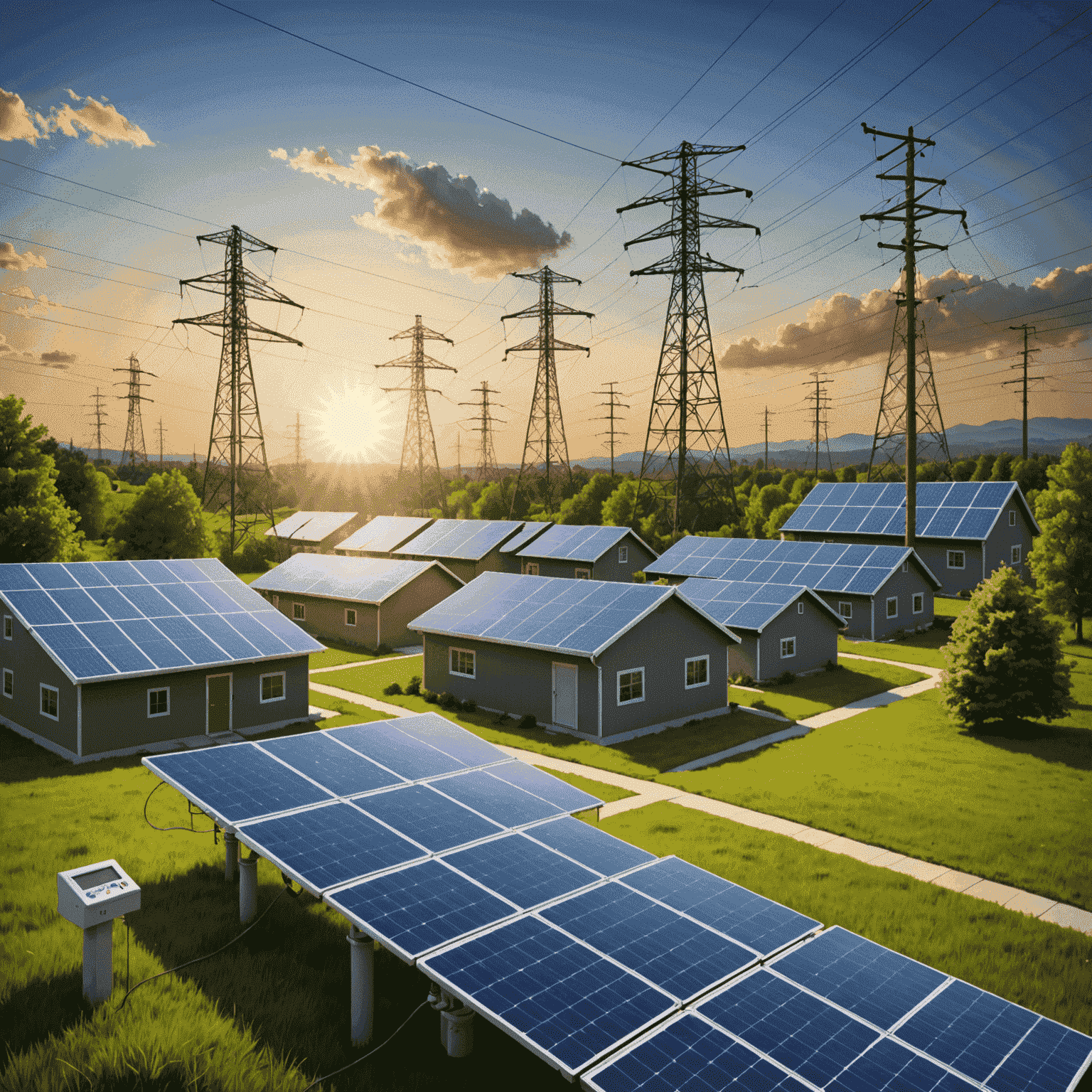 Illustration of a smart grid system with interconnected renewable energy sources, power lines, and smart meters