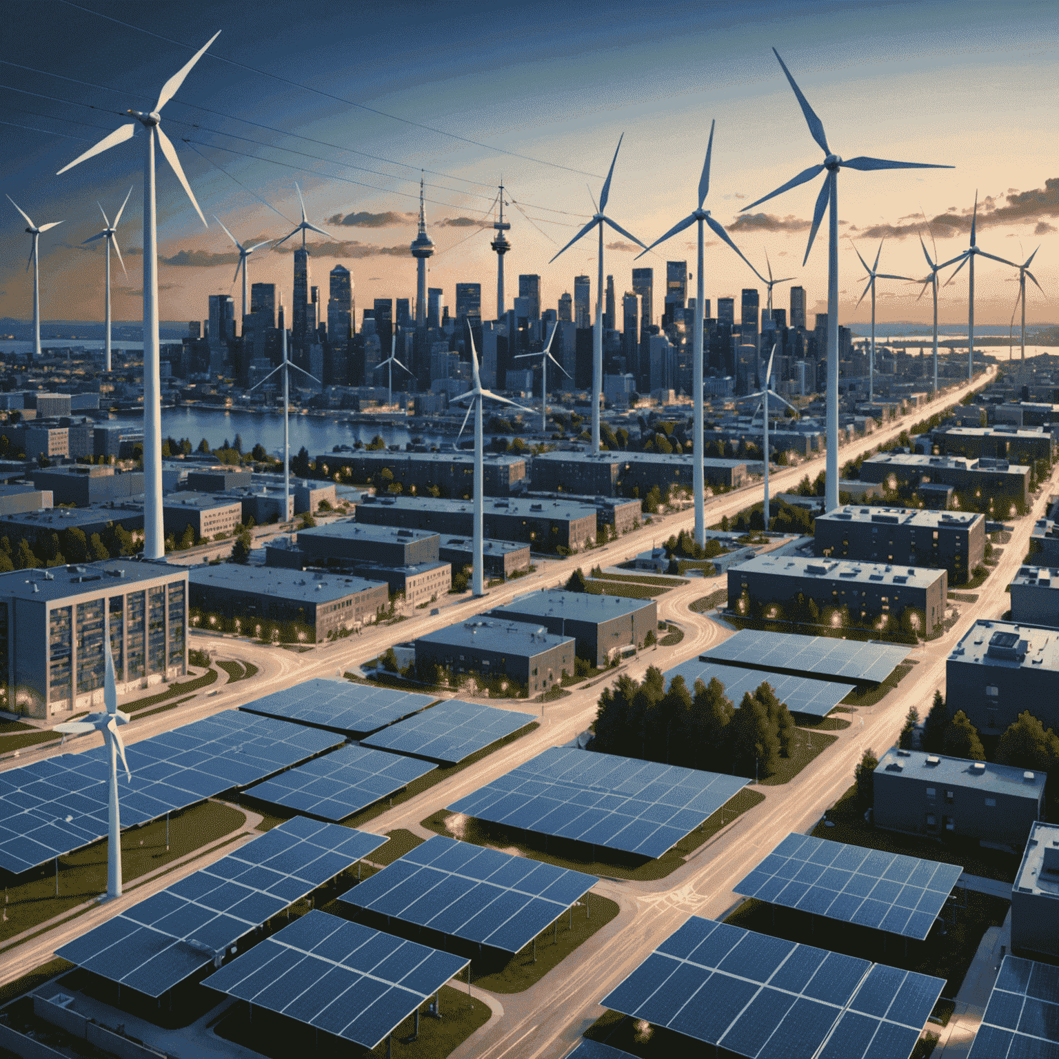 A futuristic visualization of a smart grid network overlaying a Canadian cityscape, with interconnected power lines, solar panels, and wind turbines