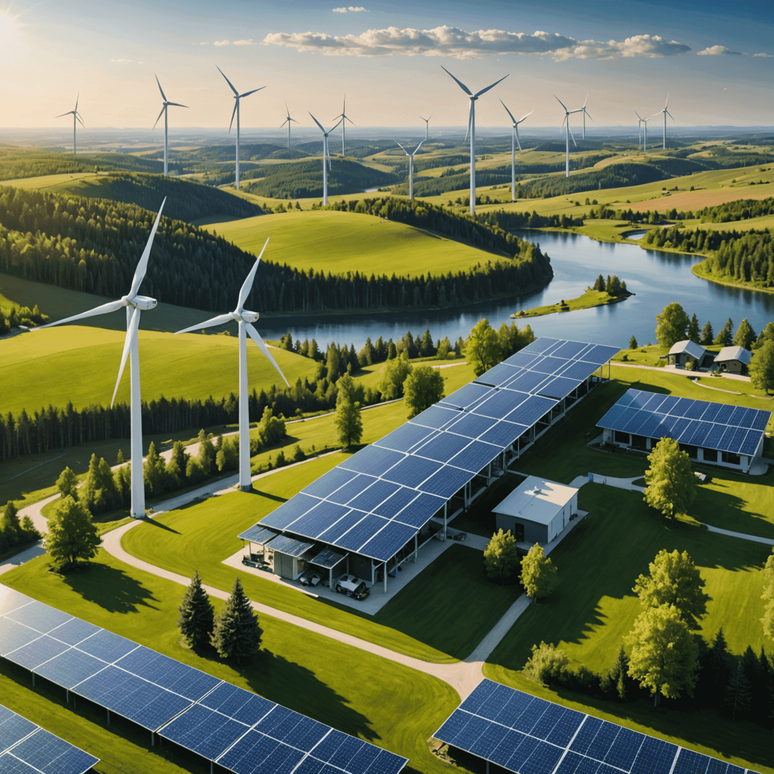 A panoramic view of a Canadian landscape with wind turbines and solar panels integrated into a smart grid system, showcasing the blend of nature and renewable energy technology