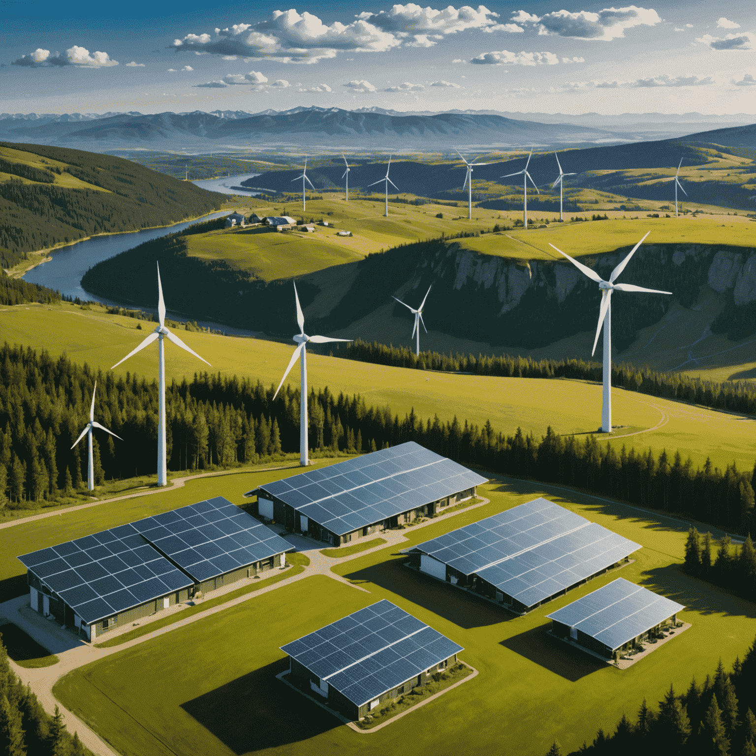 A panoramic view of Canadian landscape with wind turbines and solar panels integrated into a smart grid system, showcasing the diverse geography and climate challenges