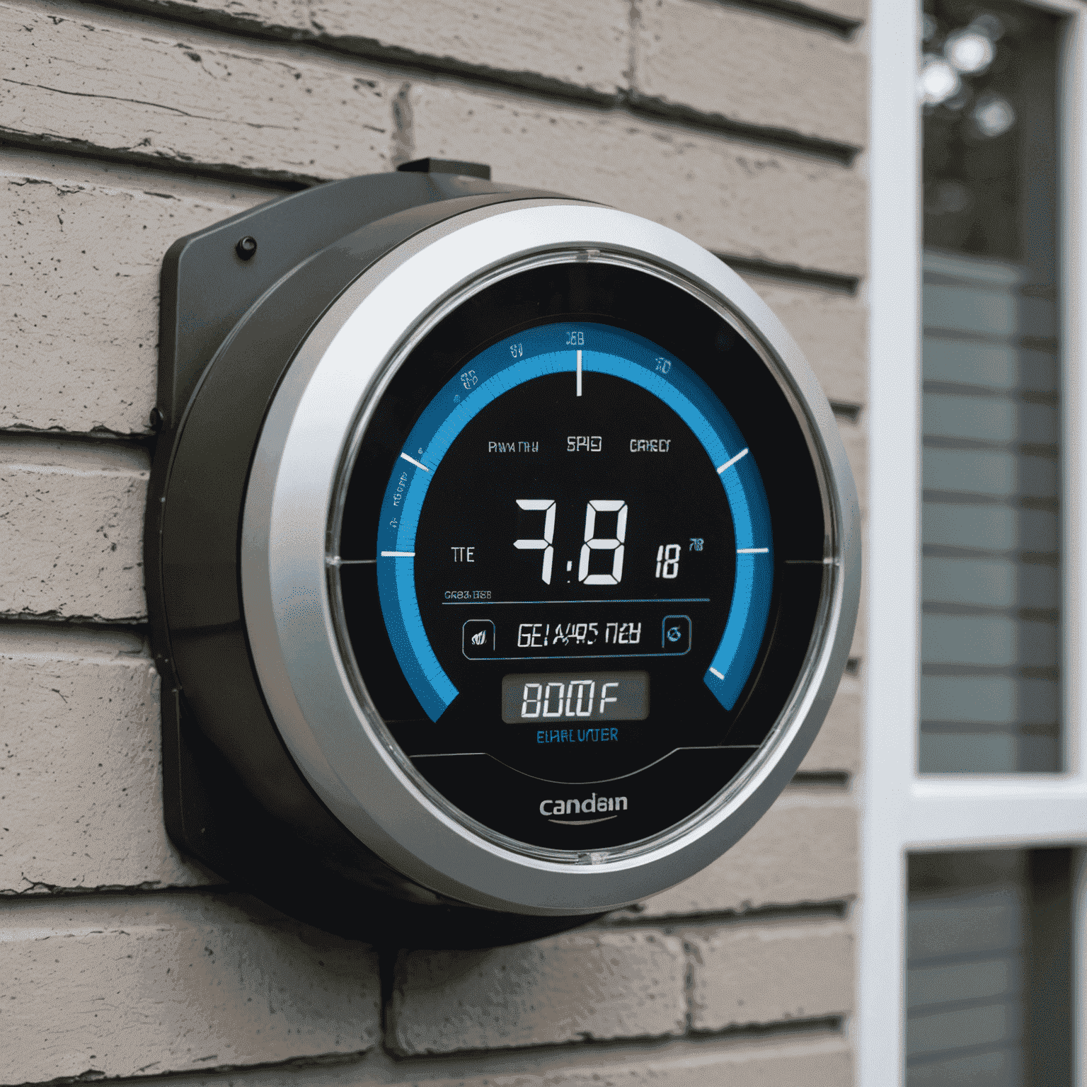 A modern smart meter installed on the exterior of a Canadian home, displaying digital readings of energy consumption