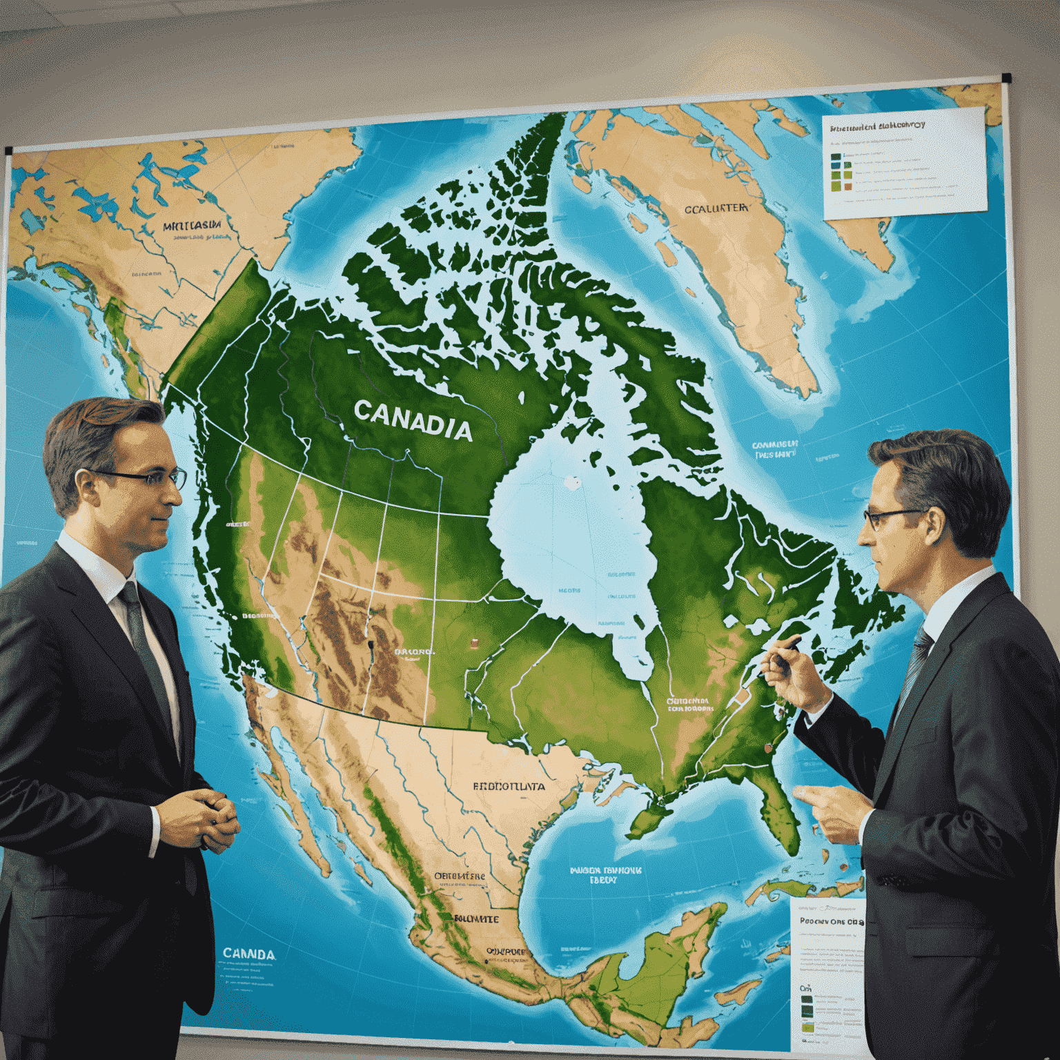 Canadian government officials discussing smart grid initiatives in front of a large map of Canada showing renewable energy installations