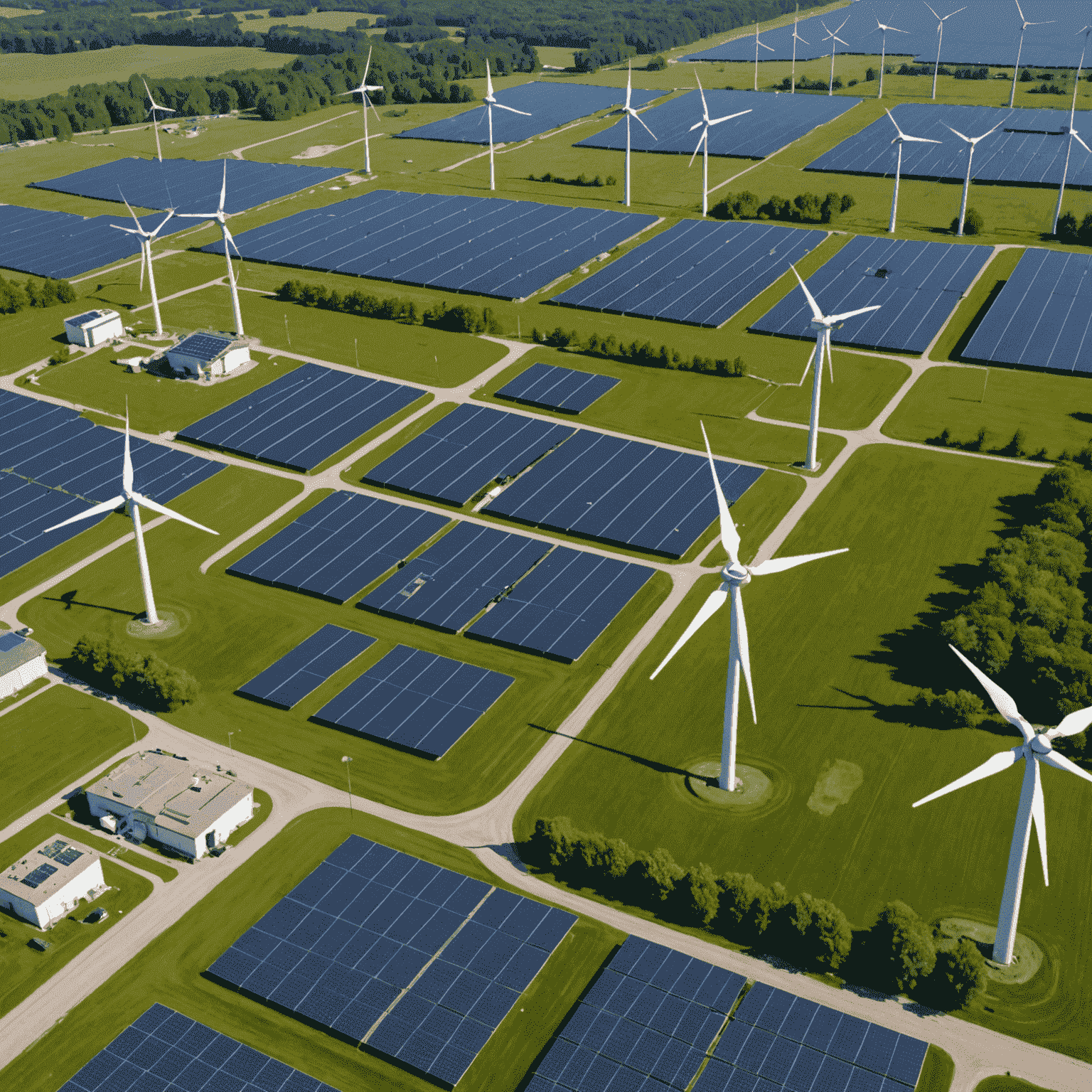 Aerial view of Ontario's smart grid infrastructure, showing solar panels, wind turbines, and power lines integrated with modern control systems