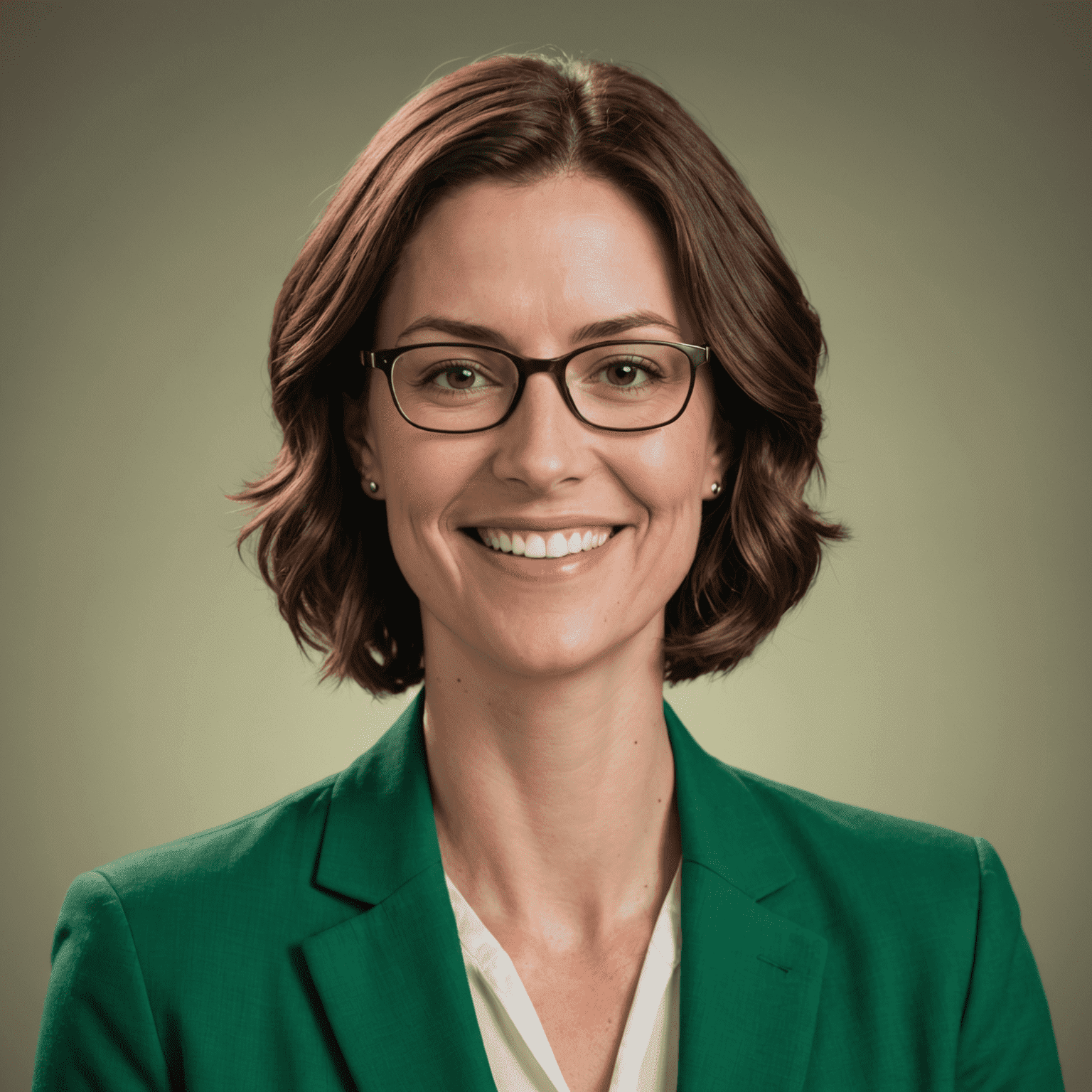 Portrait of Sarah Johnson, a woman in her mid-30s with short brown hair and glasses, wearing a professional green blazer, smiling at the camera