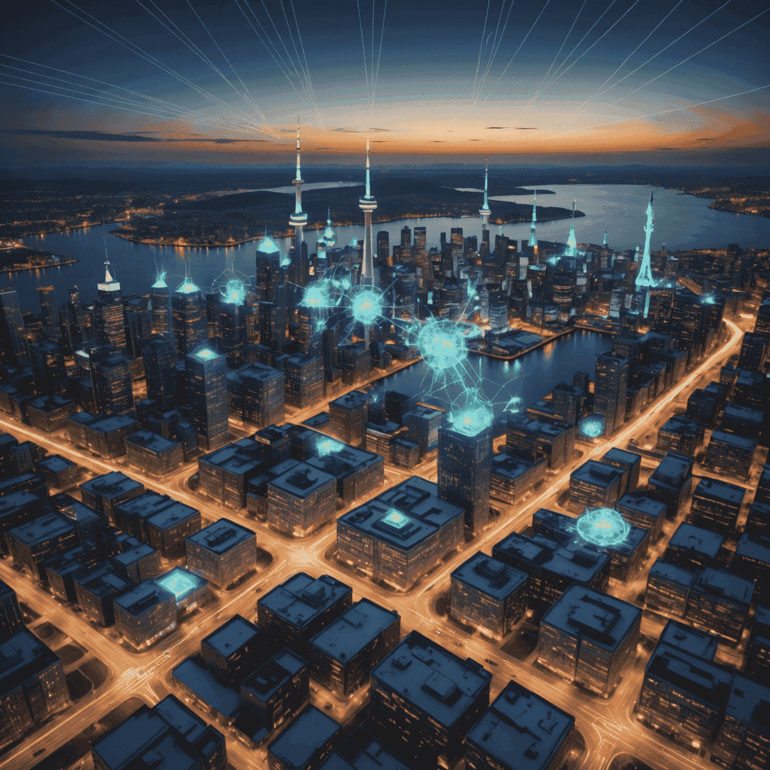 A futuristic visualization of a smart grid network overlaying a Canadian cityscape, with glowing lines connecting various energy sources and buildings.