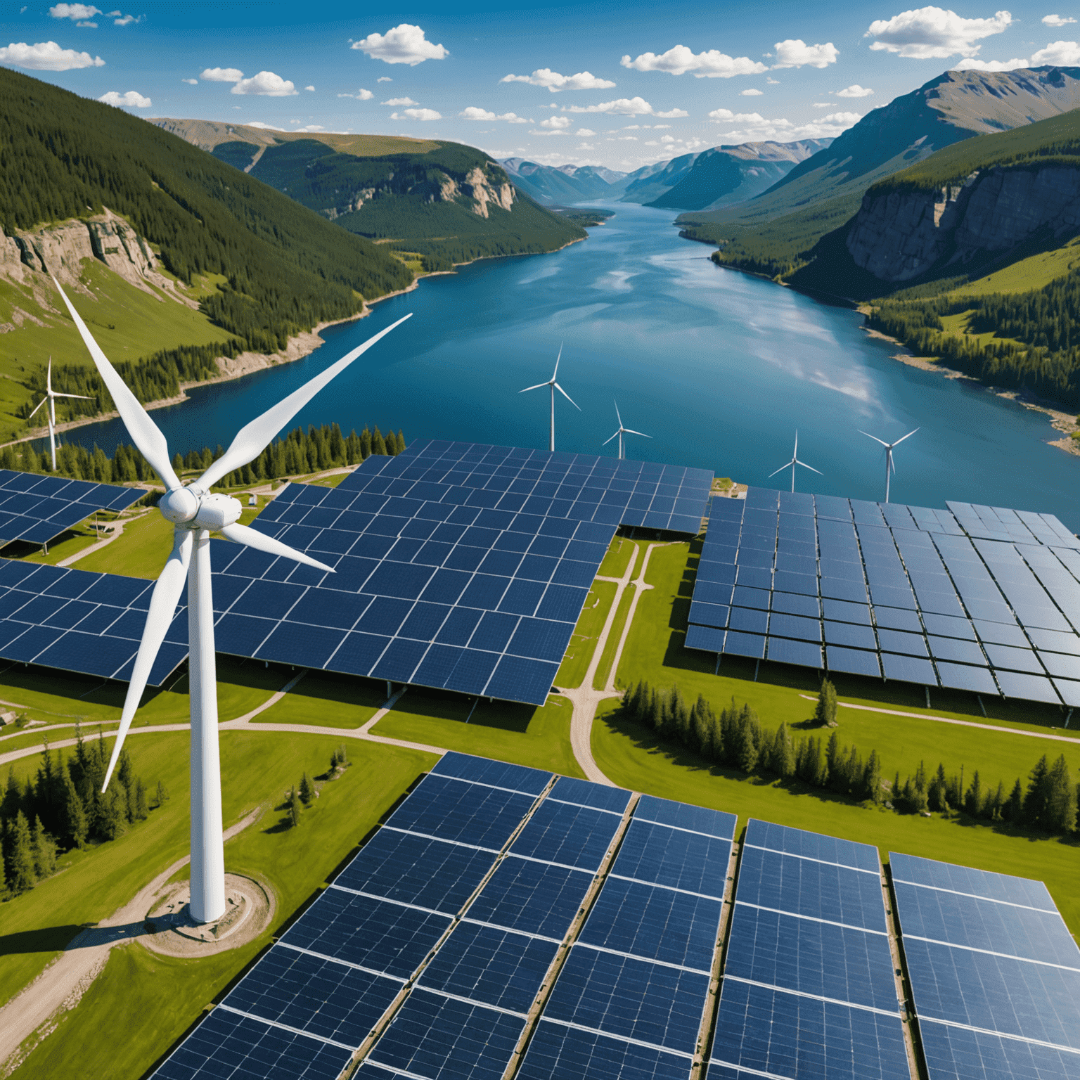 A split image showing various renewable energy sources (solar panels, wind turbines, hydroelectric dam) connected to a complex grid system, with Canadian landscapes in the background