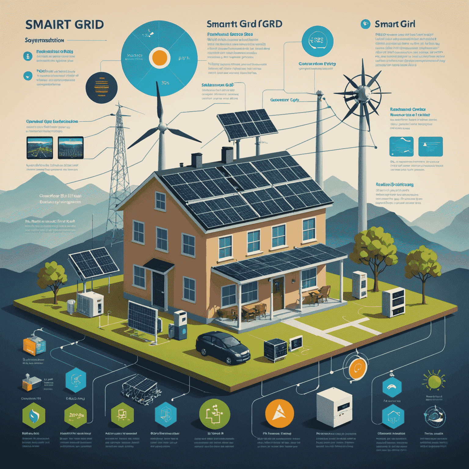 A detailed infographic showing the components of a smart grid system, including renewable energy sources, smart meters, and energy storage solutions