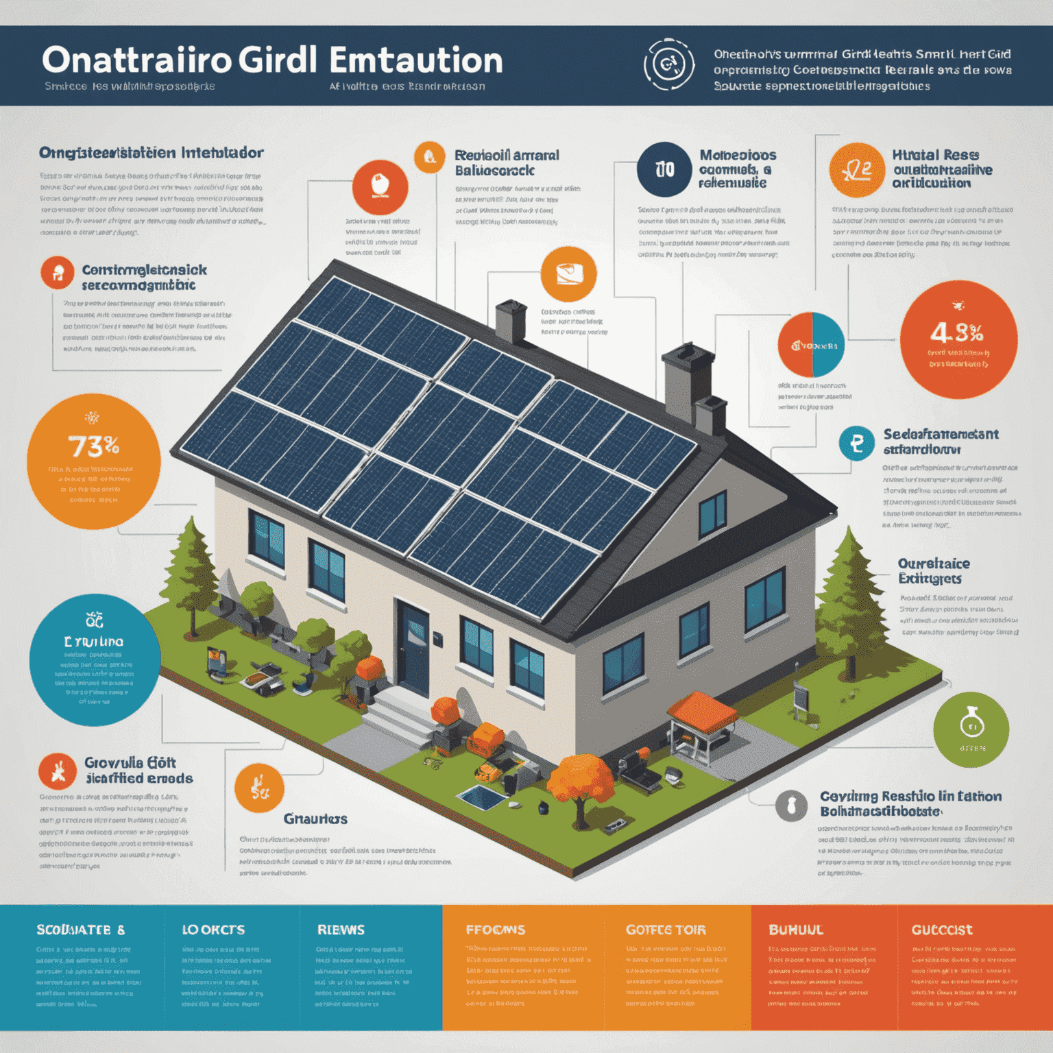 Infographic showing the benefits of Ontario's smart grid implementation, including charts on energy efficiency, renewable integration, grid reliability, and consumer satisfaction