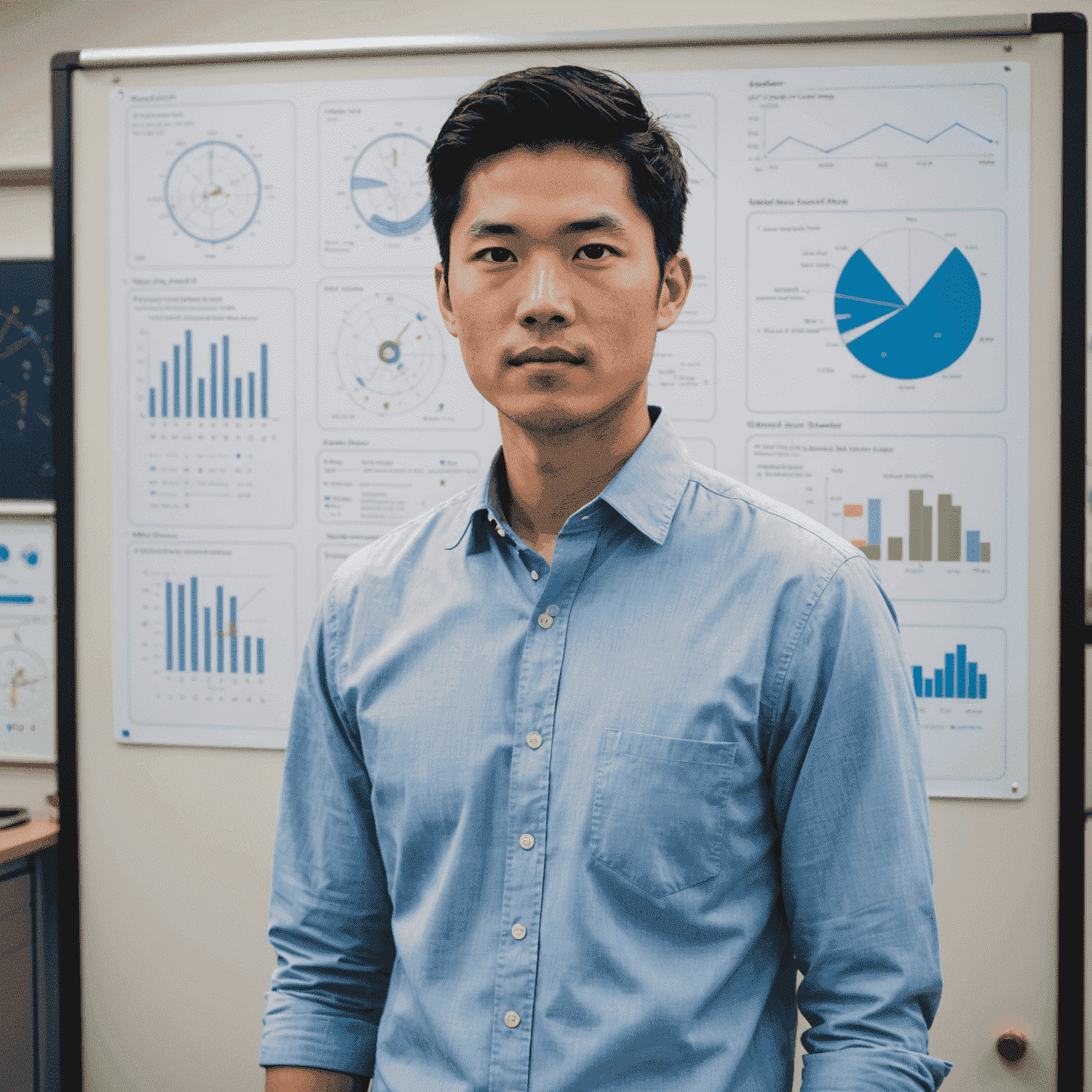 Portrait of Michael Lee, an Asian man in his late 20s with black hair, wearing a blue button-up shirt, standing in front of a whiteboard with energy diagrams