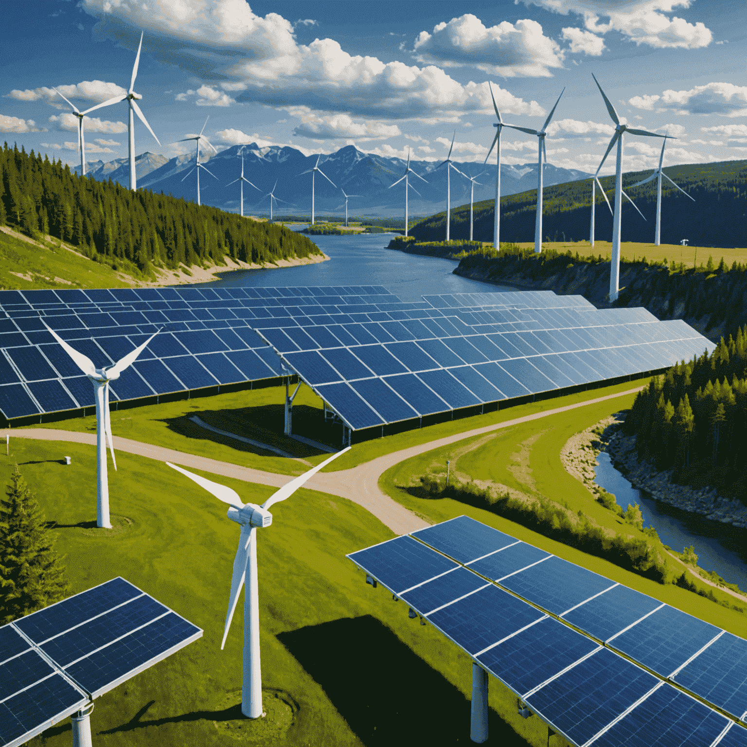 A collage of various renewable energy sources (solar panels, wind turbines, hydroelectric dams) integrated into a Canadian landscape, with connecting power lines symbolizing integration challenges.