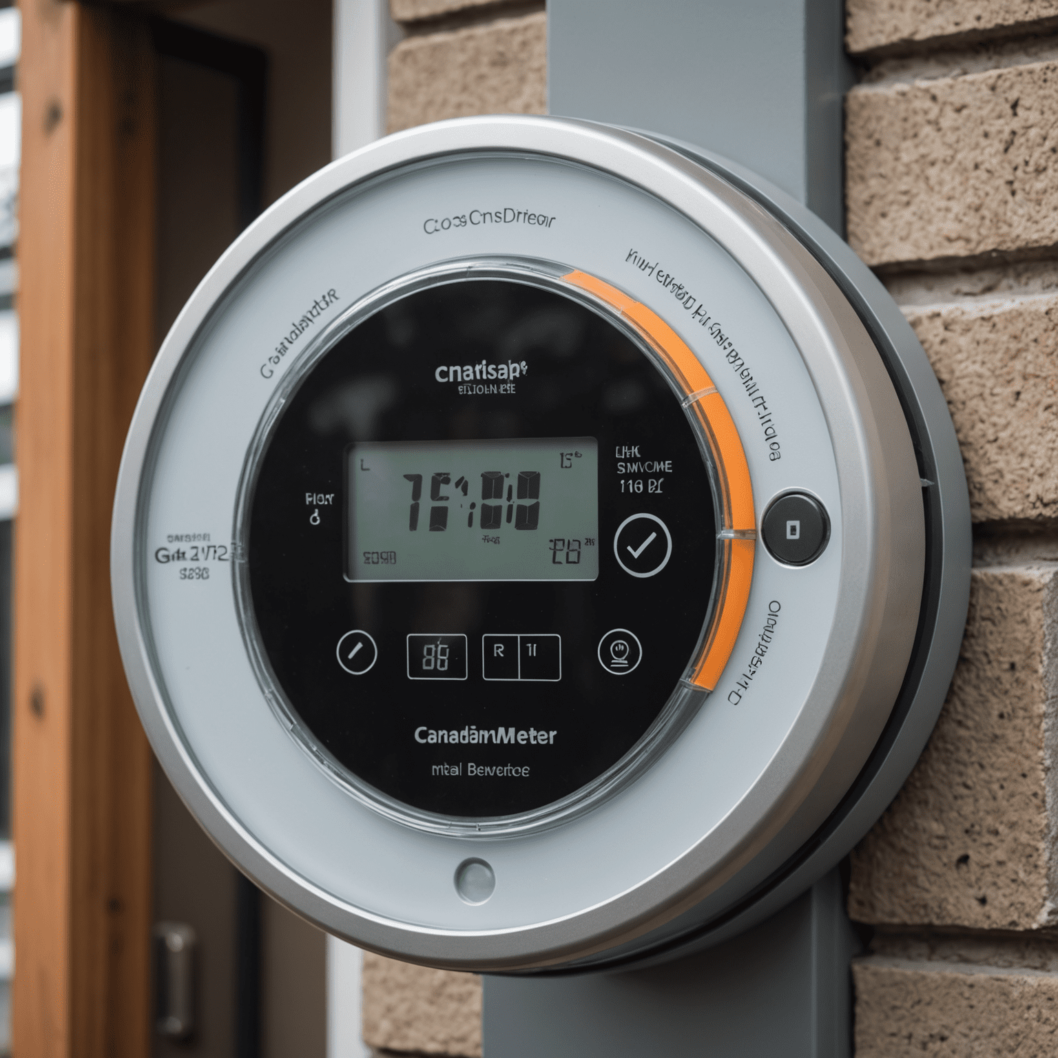 Close-up of a modern smart meter installed on a Canadian home, with a digital display showing real-time energy consumption data