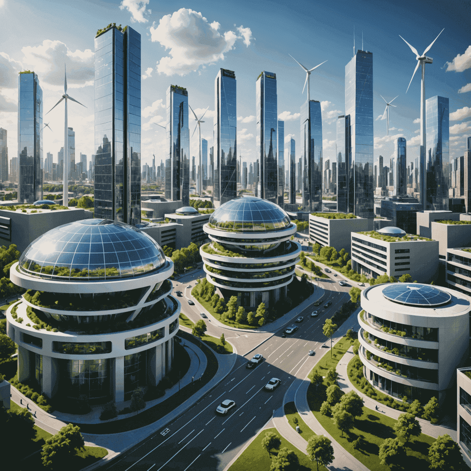 A futuristic cityscape showcasing smart grid technology integrated with renewable energy sources, electric vehicles, and energy-efficient buildings