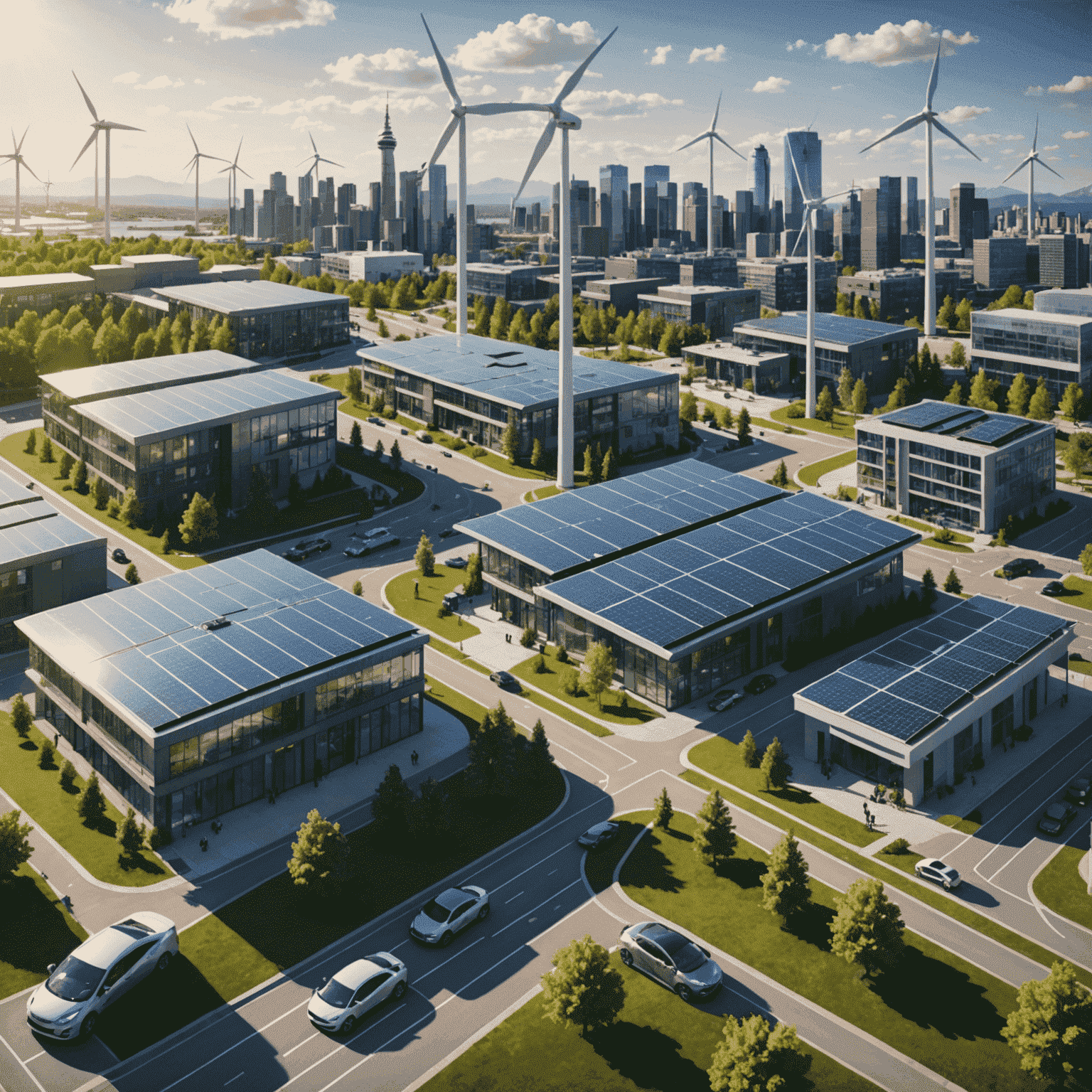 Futuristic visualization of a Canadian city powered by smart grid technology, showing solar panels, wind turbines, and electric vehicles