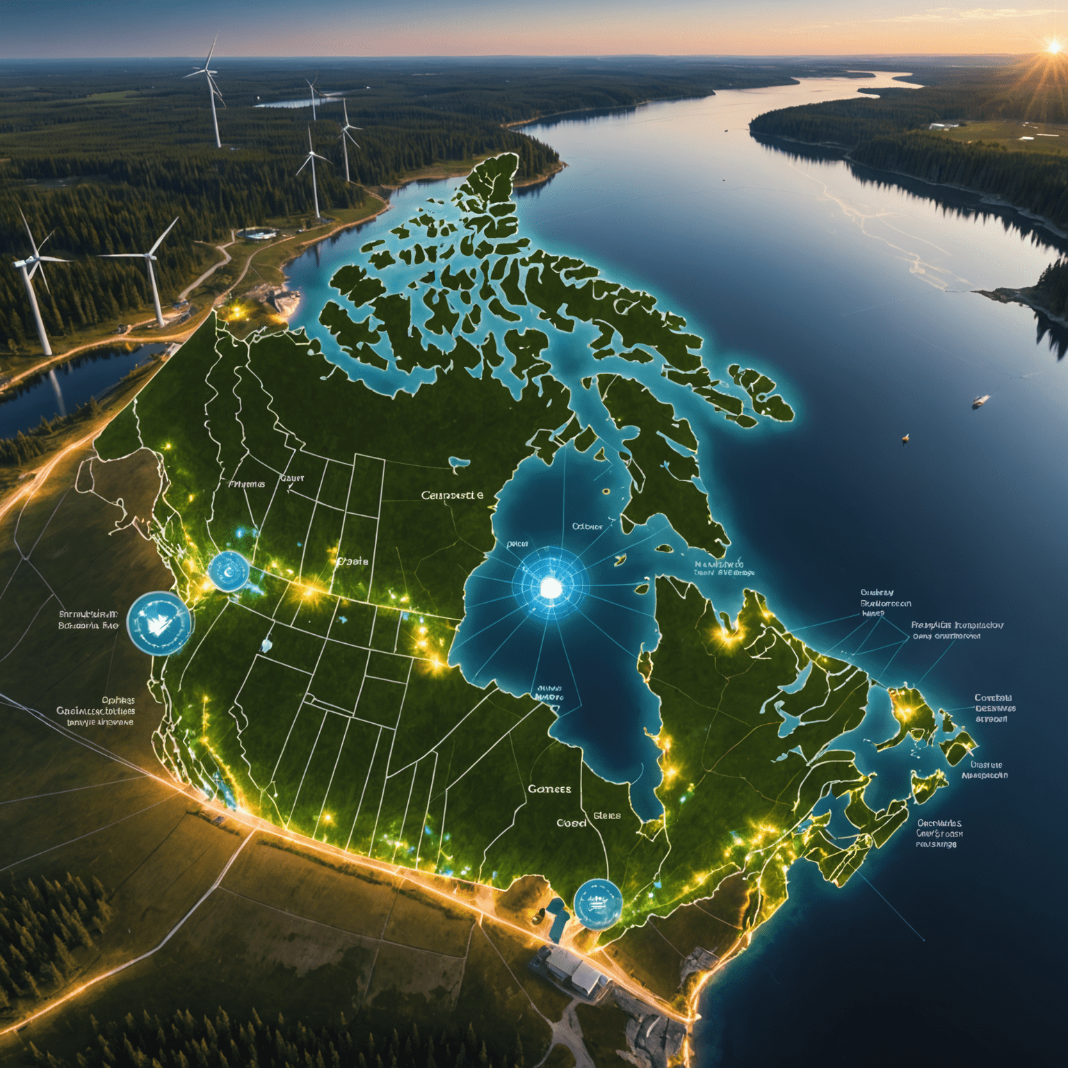 Futuristic visualization of Canada's energy landscape, showcasing interconnected smart grids across provinces, with Ontario highlighted as a successful implementation model