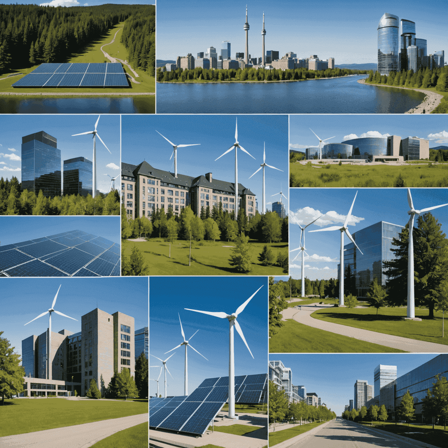 A collage of Canadian government buildings, renewable energy projects, and policy documents, symbolizing government support for smart grid development