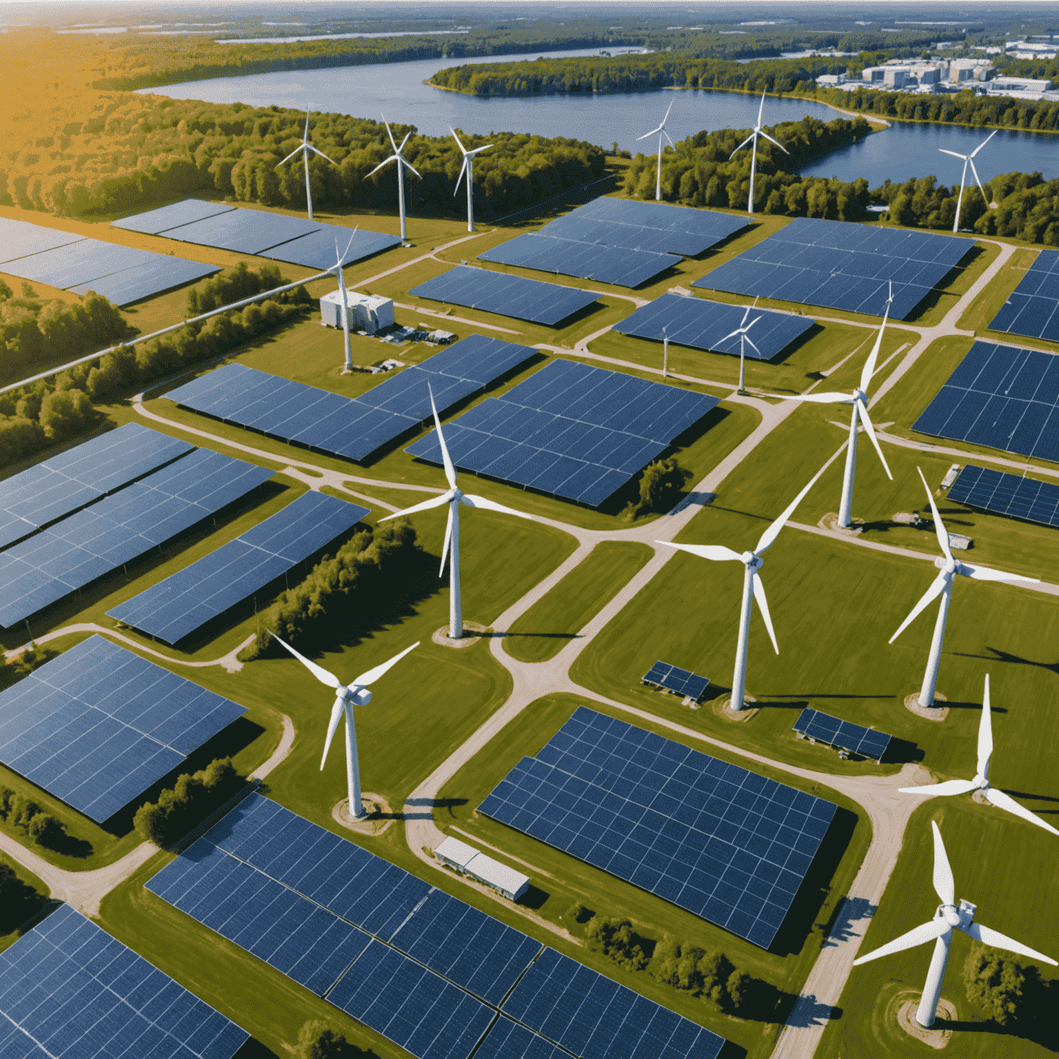 Aerial view of Ontario's power infrastructure integrated with smart grid technology, showing solar farms, wind turbines, and modernized transmission lines